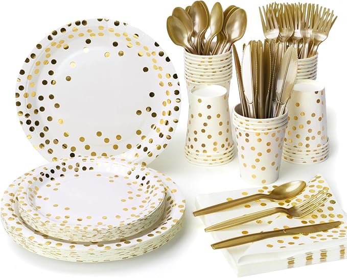 Lzerking Party Supplies Set - 210 Pieces of White and Gold Dot Paper Plates, Cups, Napkins, and Heavy Duty Silverware for 30 Guests for Birthdays, Graduation, Wedding, Festivals