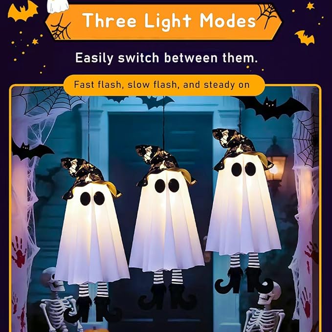 2025 New Halloween Hanging Ghosts, 18" Halloween Decorations Outdoor Hanging Ghosts with Witch Hat,Glowing Witch Hat Ghost with High Heels,for Yard Patio Garden Tree Outside(2PCS)
