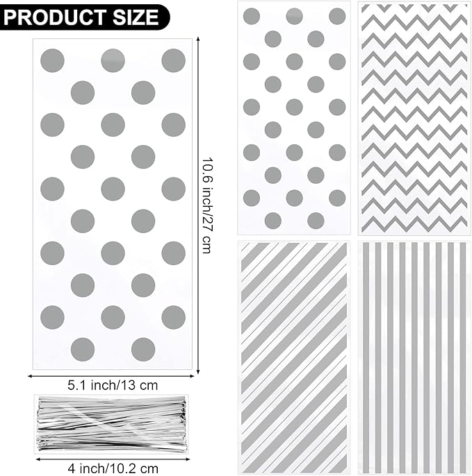 Aodaer 100 Pieces 10.6 x 5.1 In Silver Cellophane Bags Plastic Candy Gift Bags Cellophane Treat Bag with Twist Ties Stripes Polka Dot Printed Pattern Goodie Bag for Birthday Weddings Party Favors