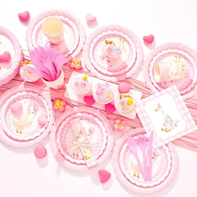Zhehao 350 Pcs One Silly Goose Birthday Party Tableware Set Scalloped Pink Baby Shower Plates Cup Napkins Forks for Birthday Party Decorations Supplies for 50 Guests