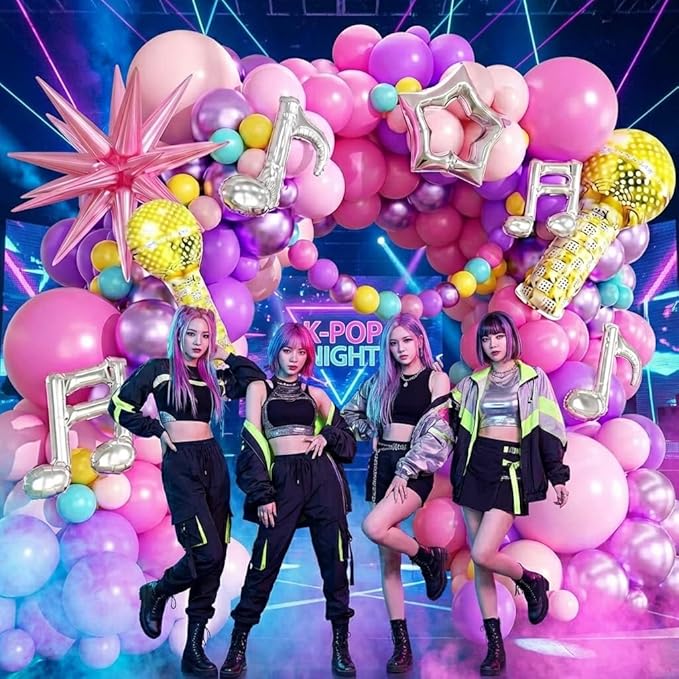 Music Hunter Balloon Arch Kit - 212Pcs Pink, Purple, Hollow Star, Microphone, Music Notes Balloon Garland Kit for Music Prom Fan Gatherings Girls Birthday Singer Kpop Theme Party Decorations