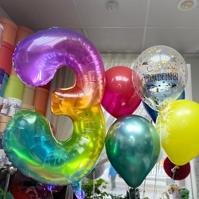 40 Inch Rainbow Number Balloon 3, Large Number Foil Balloons Mylar for Girl Boy Birthday Party Celebration Decorations Supplies, Digital Balloons for Wedding Anniversary Events Decorations