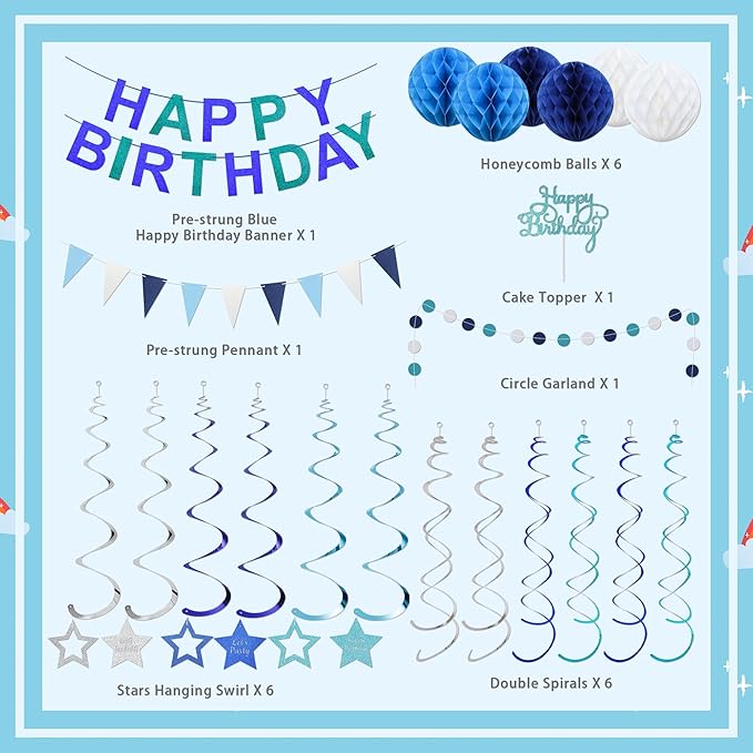 Birthday Decorations Pre-Strung Happy Birthday Banner for Boys Girls Blue Birthday Banners with Pennant Honeycomb Balls Cake Topper Stars Hanging Swirl Streamers Circle Dots Garland