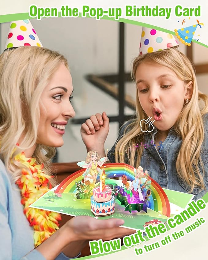 FaCraft Fairy Birthday Card - Musical Pop Up Birthday Card for Girls & Kids - 1st Birthday Card Girl with Blowable Candle & Cheering Sound - 8x6 Handmade Greeting Card with Envelope Blank Insert Seal