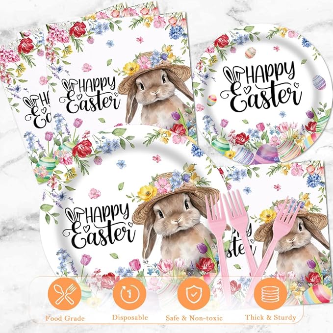 Spring Happy Easter Party Tableware Set 96 Pcs Disposable Plates Napkins Forks Cartoon Cute Rabbit Colored Egg Flower Kids Easter Party Decorations Serve 24 Guests