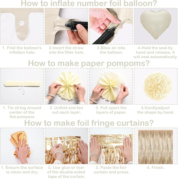 Beige 10th Birthday Decorations Girls Boys Cream Number 10 Balloon Nude Gold Happy Birthday Banner Fringe Curtain Paper Pom Poms Blush White Sand Champagne Star Foil Balloons Neutral Boho Party Decor