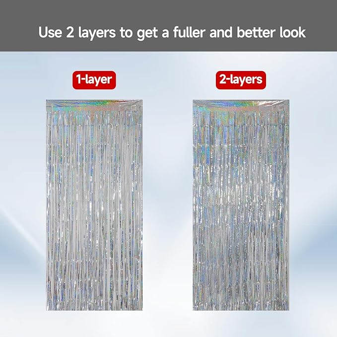 QRabbit 4 Pack Foil Curtain Backdrop, Silver Metallic Tinsel Foil Fringe Curtains, Party Streamers for Birthday Graduation Engagement Wedding Baby Shower Christmas Party Decorations