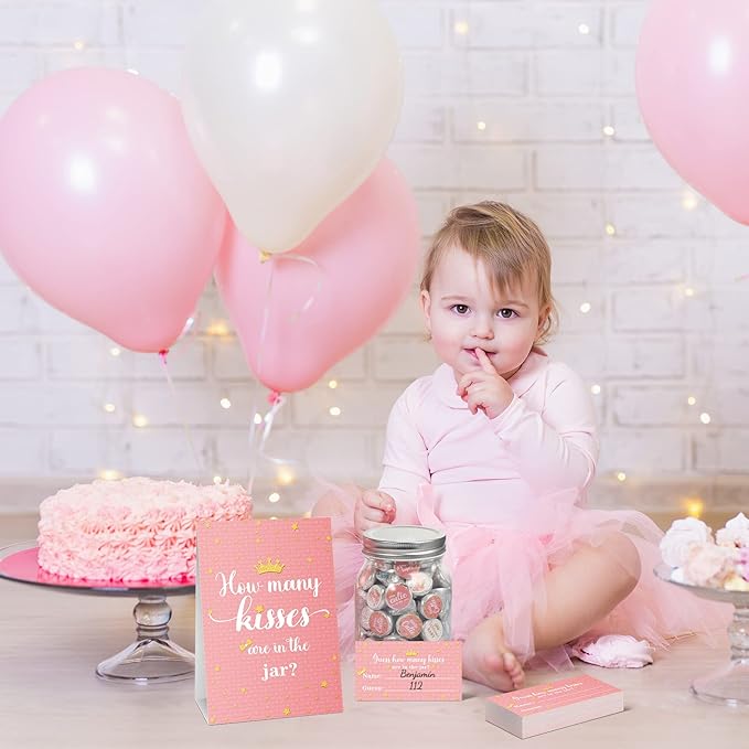 Containlol 555 Pcs How Many Kisses Baby Shower Games, Pink and Gold Standing Sign Guessing Cards Kisses Stickers for Kids Girl Birthday Baby Shower Sprinkle Party Decoration (No Candy and Jar)