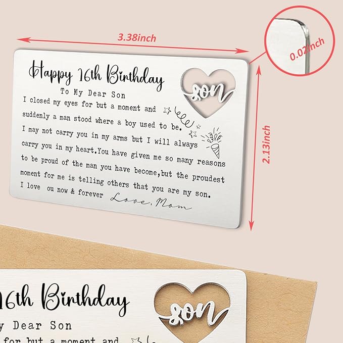 Happy 16th Birthday Wallet Insert for Son from Mom, Stainless Steel Laser-Engraved Postcard with Heart Cutout, Sweet Sixteen Birthday Gift for Teen Boy, Sentimental Pocket Keepsake Card QBK08