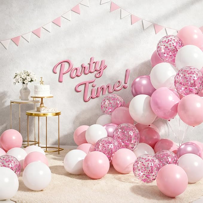 Patimate Pink and White Balloons Set, 50 pcs 12 inch Pearl Light Pink Confetti White Latex Balloons Kit for Wedding Baby Shower Bridal Shower Pink Birthday Party Decorations