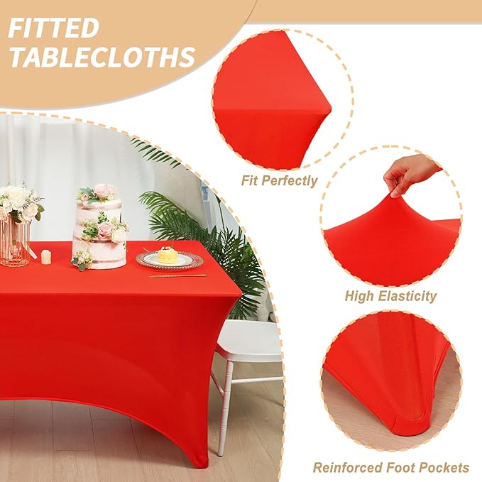 Fixwal 3 Pack Red Table Cloths Rectangle 6FT, Tablecloths Rectangular Stretch Spandex Fitted Table Covers 6 FT for Valentine's Day, Festival Parties, Trade Shows, Banquet, Weddings, Event