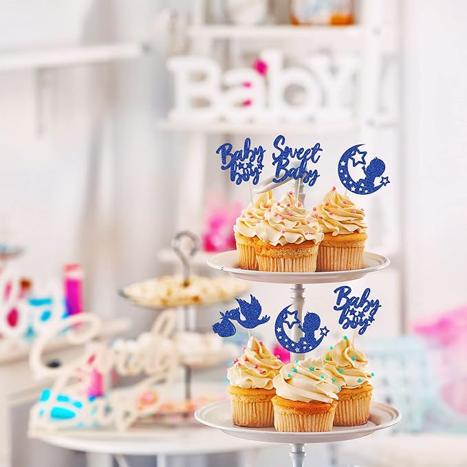 24Pcs Sweet Baby Boy Cupcake Toppers Moon Star Glitter Baby Shower Cupcake Picks Decorations for Gender Reveal Baby Shower Kids Boys Birthday Party Supplies Deep Blue