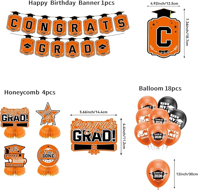 Graduation Decorations 2026 Orange Themed Set - Congrats Grad Banner, Class of 2026 Backdrop, Balloons & Streamers Kit - Complete Party Supplies for High School & College Celebrations