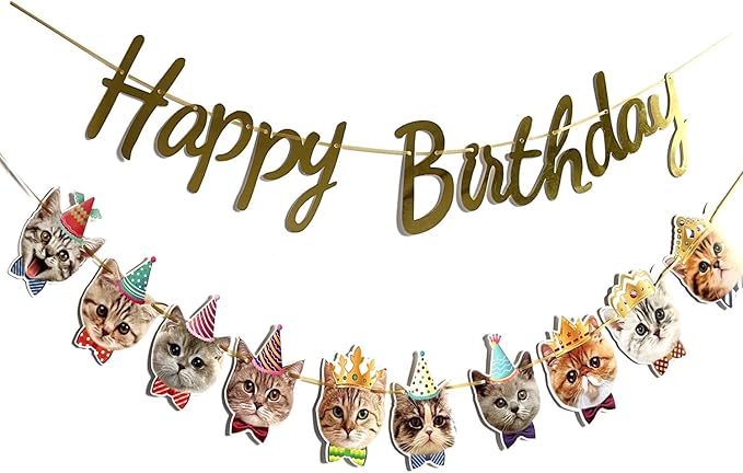 Happy Birthday Cat Banner Garland Funny Decor Cat Face Bday Party Bunting Decorations Gold Sign