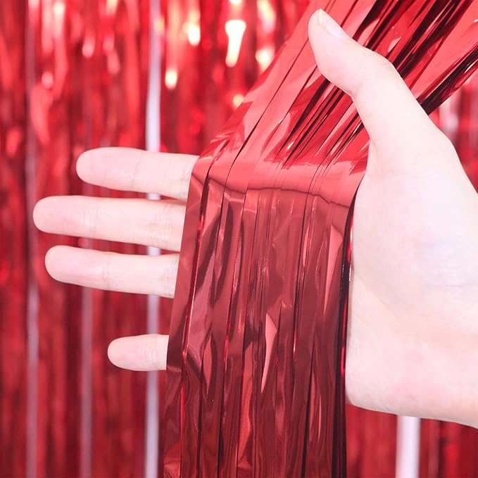 3.3 x 6.6 ft Foil Fringe Backdrop Curtains, Tinsel Streamers Party Decorations, Fringe Backdrop for Birthday, Baby Shower, Gender Reveal, Graduation (3, Red)