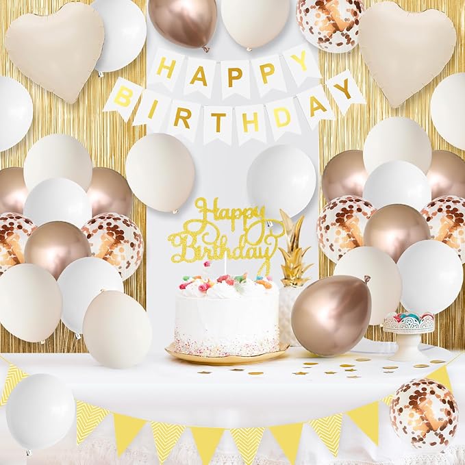 White Sand Gold Birthday Decorations,Happy Birthday Banner with Beige Cream Balloon Heart Foil Balloons Gold Fringe Curtain for Women Men Boho Baby Shower Party Decor