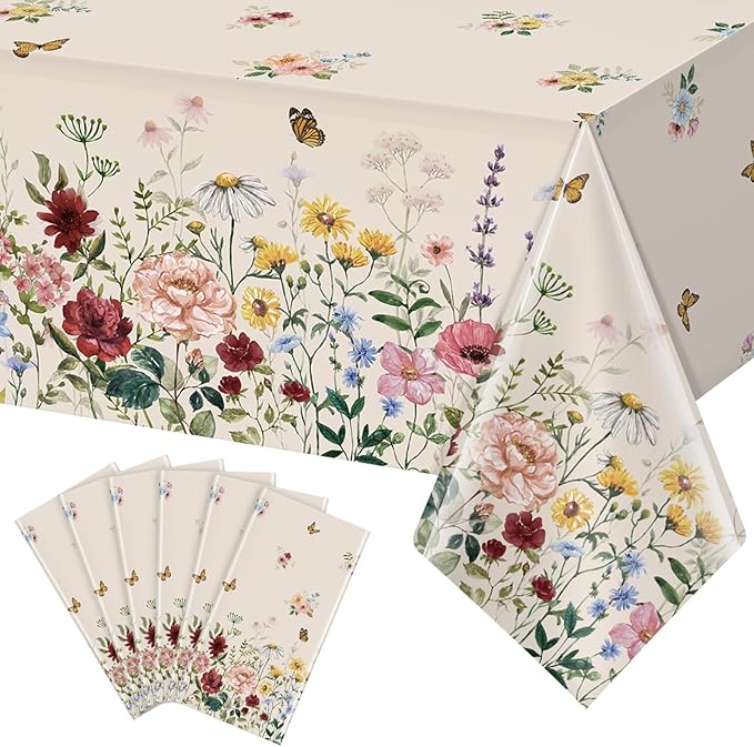 6 Pcs Spring Floral Tablecloth, Butterfly Wildflower Plastic Disposable Tablecloth Rectangle Table Covers for Easter, Birthday, Wedding, Mothers Day Tea Party Supplies and Decorations,54 x 108 Inch