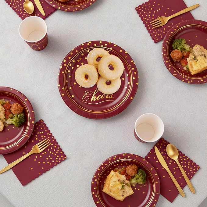 OuMuaMua Maroon Gold Paper Plates and Napkins Party Supplies for 24 Guests, 168 Pcs Burgundy Disposable Plates with Utensils Set for Maroon and Gold Graduation Birthday Party Decorations