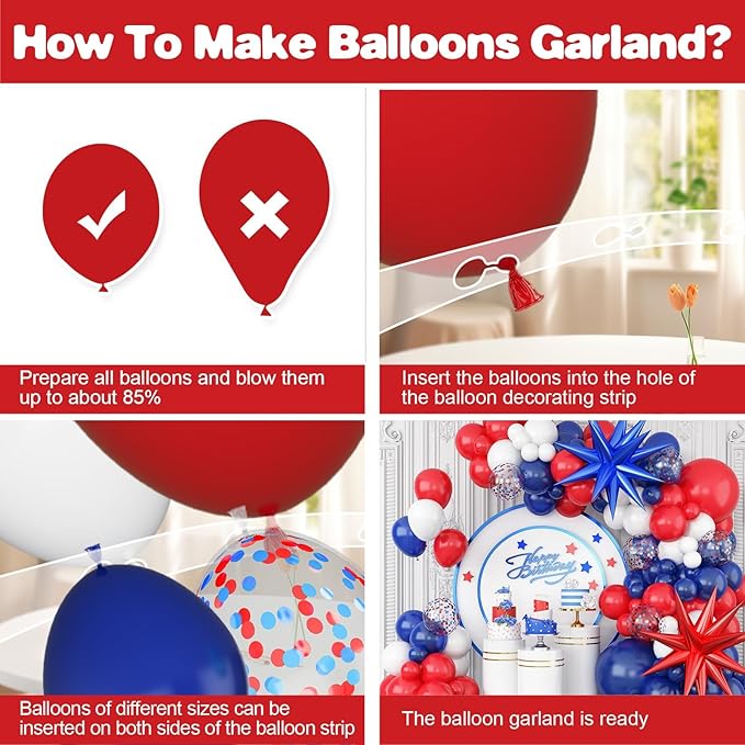 Red White and Blue Balloons Arch Garland Kit, 4th of July Balloons Red Royal Blue White Balloon Arch with Red Blue Star Foil Balloons for Birthday Wedding Nautical Patriotic Baseball Theme Party Decor