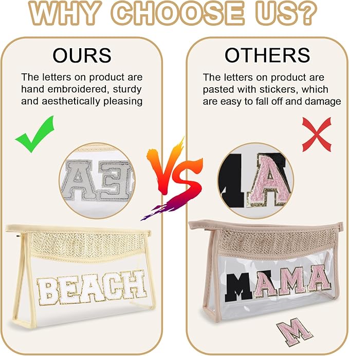 Iqimott Boho Patch Stuff Bag Clear Makeup Letter Bag, Waterproof Zipper Make up Bag Toiletry Pouch, Beach-Beige