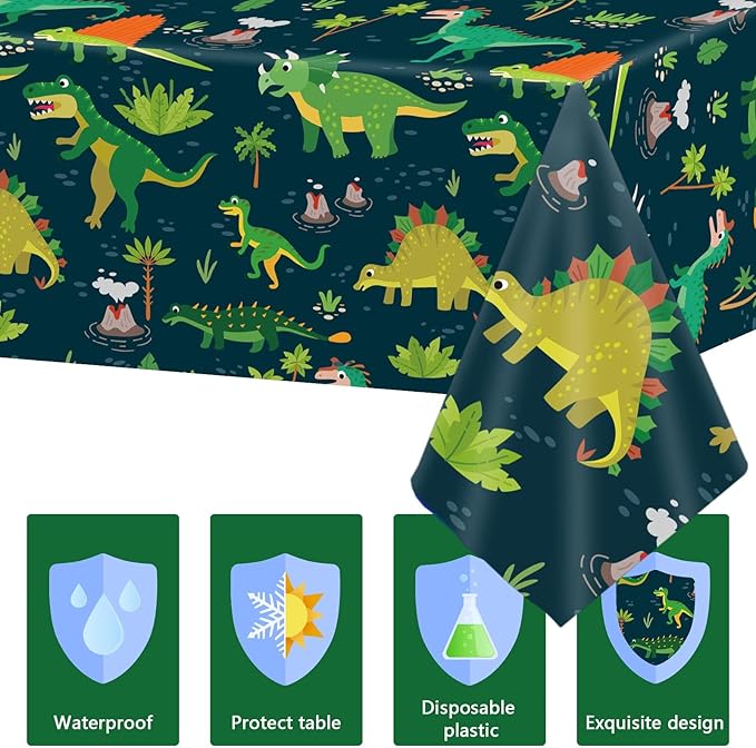 Tevxj 3 Pieces Dinosaur Plastic Tablecloth Dinosaur Birthday Party Plastic Table Covers for Boy Birthday Baby Shower Party Decorations Supplies 54X108inch