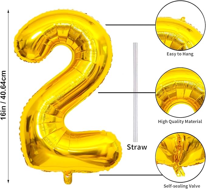 16 In Gold Large Numbers Balloons 0-9, Self Inflating Number 2 Balloons for Boys Girls, Big Gold Digit 2 Balloons for Women Men Birthday Party Anniversary Wedding Supplies Decorations