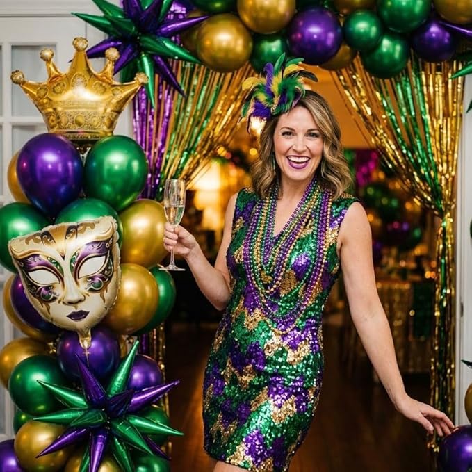 Mardi balloon garland arch kit Purple green gold with Fringe Curtain DIY Mask star Crown and Mask Balloons for Gorgeous Funny Grand Fat Tuesday Party decorations