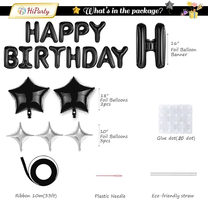 23pcs Birthday Balloons Banner, 3D Black Premium Mylar Foil Letter Happy Birthday Banner with 5pcs Star Balloons Kits for Kids, Girls, Boys, Men, Adults Party Decorations Supplies