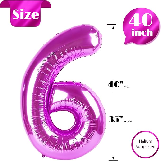 Rosy Purple Number 6 Balloon 40 Inch, 6 Balloon Number, 6th Birthday Decorations, Rosy Purple Party Supplies for Boys Girls