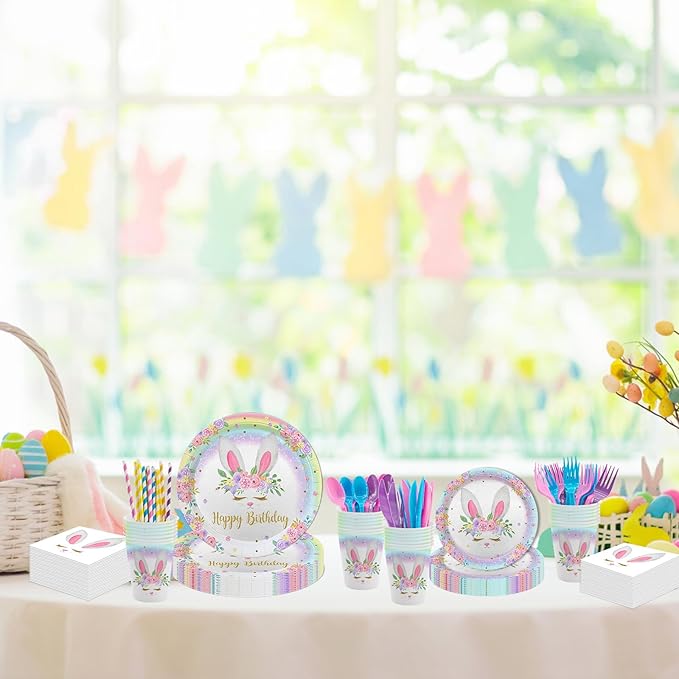 MEHOFOND 192pcs Bunny Birthday Decorations Easter Plates and Napkins set Rainbow Bunny Birthday Party Supplies Spring Easter Plates Bunny Party Dinnerware Tableware