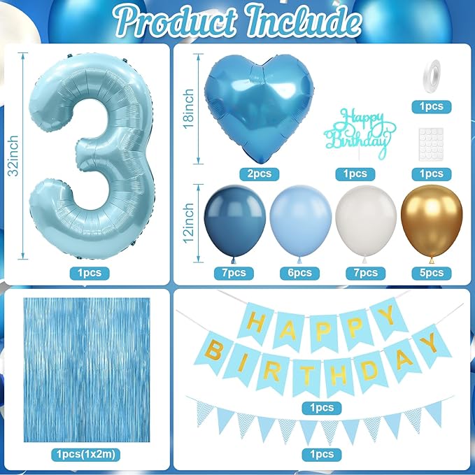 3rd Birthday Decorations Blue White Gold,3rd Birthday Balloons with Happy Birthday Banner Fringe Curtain Heart Foil Balloons for Boys Girls 3 Year Old Birthday Decor