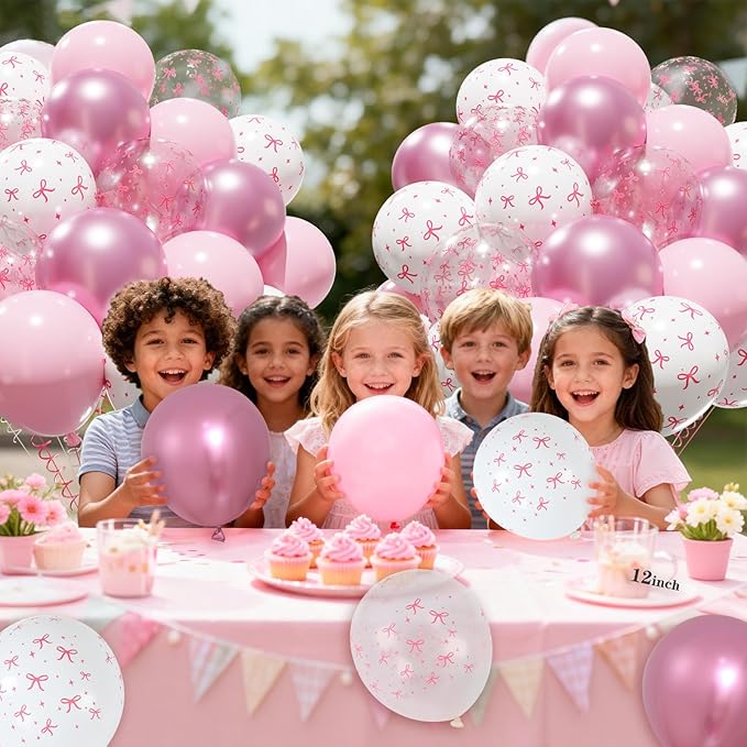 Patimate Pink Bow Balloons Set, 50 pcs 12 inch Metallic Pastel Pink White Transparent Bow Print Balloons Kit for Coquette Birthday Baby Shower for Girls Women Wedding Bridal Shower Party Decorations