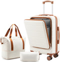 YOETEY Carry On Luggage 22x14x9 Airline Approved, 20" Hardside Suitcase with Front Pocket for Laptop, Lightweight Spinner Luggage with TSA Lock & Matching Tote Bag (3 Piece Sets, White)