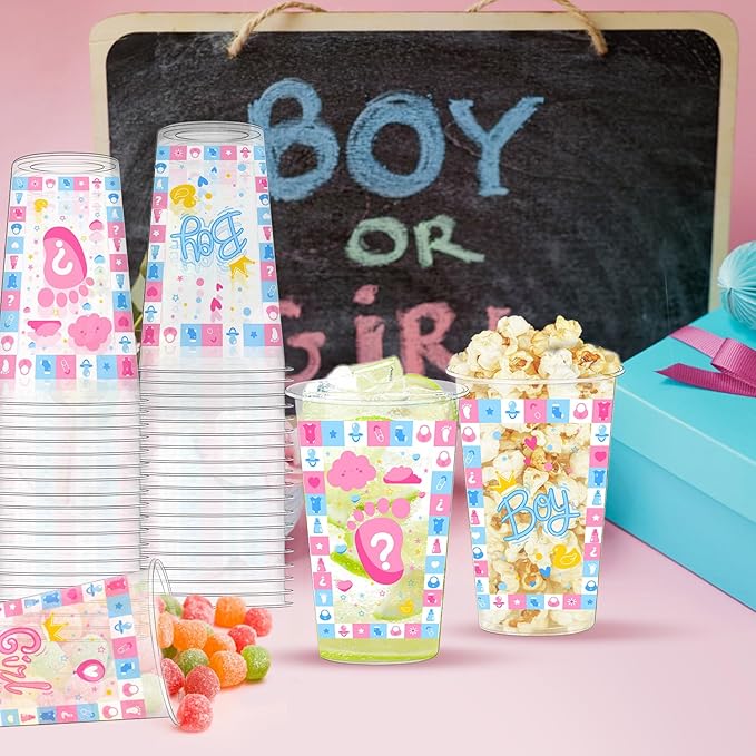 50 Pcs Gender Reveal Plastic Cups – Team Boy & Team Girl Disposable Thick Clear Plastic Drinking Cups with Lids, Gender Reveal Decorations for Baby Party, Pink and Blue Baby Shower Party Favors