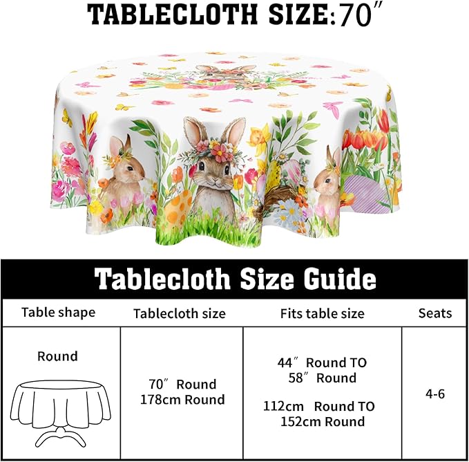 Spring Easter Tablecloth Round 70 Inch Green Bunny Easter Table Cloth Farmhouse Pink Floral Table Cover for Kitchen Dinner Room Holiday Party Indoor Outdoor Home Decor
