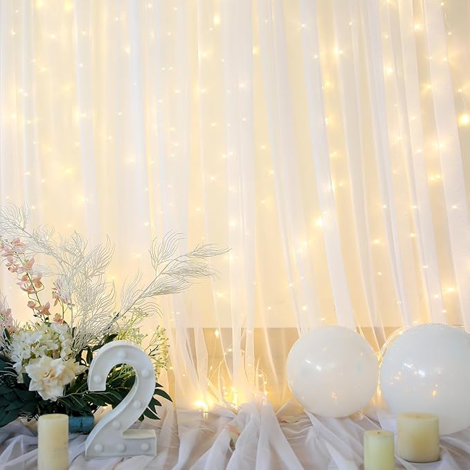 10×15ft White Tulle Backdrop Curtain with Lights String for Parites Sheer Fabric Backdrop Curtains White Curtain Backdrop for Wedding Baby Shower Birthday Party Bridal Shower Photo Shoot Background