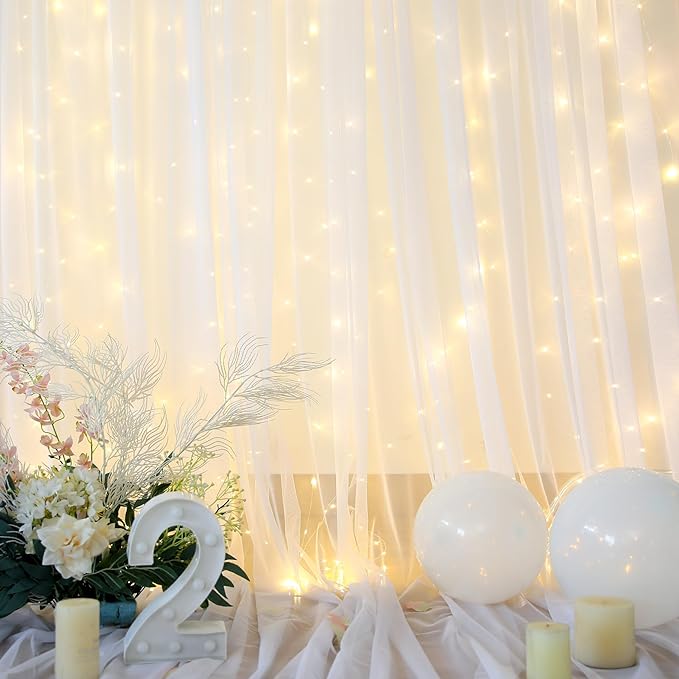 10×12ft White Tulle Backdrop Curtain with Lights String for Parites Sheer Fabric Backdrop Curtains White Curtain Backdrop for Wedding Baby Shower Birthday Party Bridal Shower Photo Shoot Background