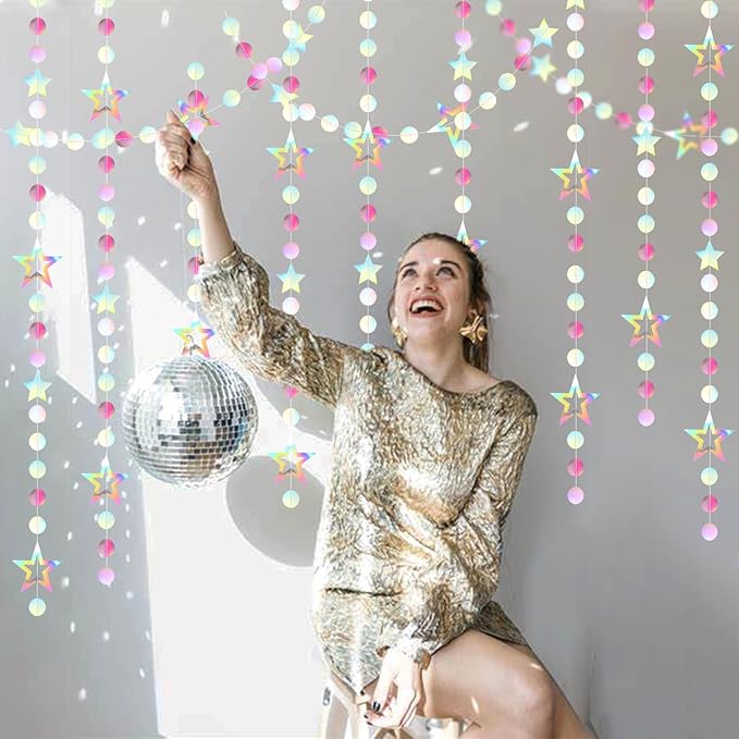 Iridescent-Disco Holographic-Euphoria Star Party-Decoration Garland - 52ft Neon Twinkle Twinkle Little Star Streamers,Wedding Birthday Bachelorette Baby Bridal Shower Engagement Lasting Surprise
