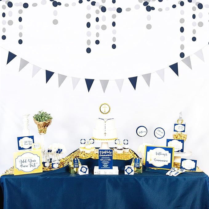 Navy-Blue White-Silver Party Decorations Banner - 2 Pack Men Birthday Graduation 2024 Glitter Sprinkles Paper Pennant Triangle Flags, Fathers Day Wedding Baby bridal Shower Bunting Lasting Surprise