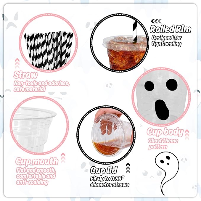 Whaline 60Pcs 12Oz Halloween Disposable Plastic Cups with Lids and Straws Black Spooky Ghost Cold Beverage Drinking Cups for Trick or Treat Birthday Party Supplies