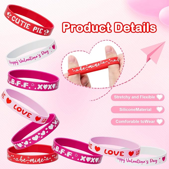 Valentine's Day Rubber Bracelets Bulk - 30PCS Valentines Day Gifts for Kids Valentines Party Favors Supplies Silicone Wristbands Goodie Bag Stuffers Treats Classroom Prizes Accessories Decorations