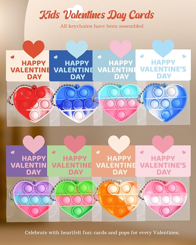 32 Pack Prefilled Valentines Day Pop Fidget & Cards Set for Kids Classroom - Mini Heart-Shaped Toys, for School Class Exchange & Party Favors
