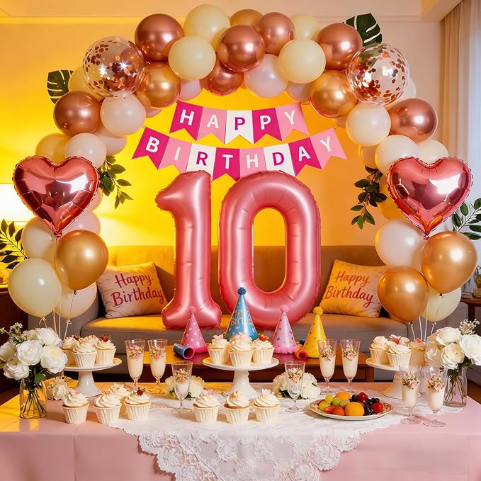 10th Birthday Decorations for Girls, Rose Gold and Hot Pink Double Digits Party Supplies with Happy Birthday Banner, Number 10 Balloon and Foil Fringe Curtains