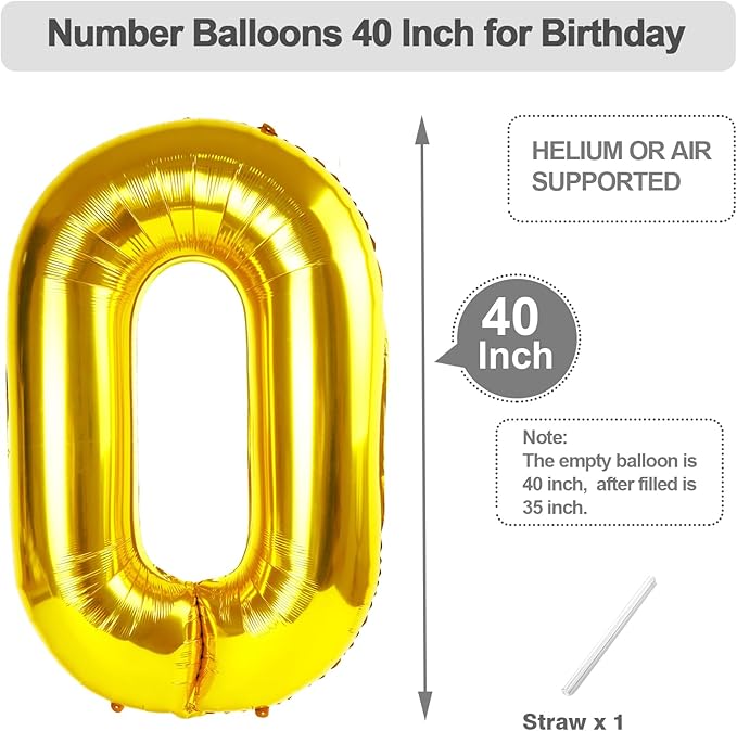 10 Gold Number Balloons, 40 Inch Balloons for Woman Man 10th Birthday Party Decoration, Foil Number Ballon for 10, 100 Anniversary, Bridal Shower, Graduation, Valentine's Day, Mother's Day, Easter