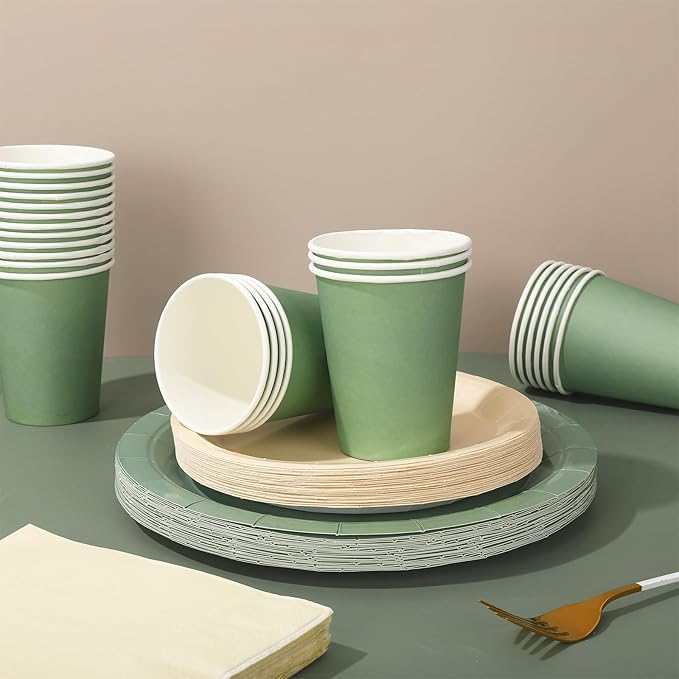 Whaline 100Pcs Ivory Sage Green Tableware Set Wedding Disposable Dinnerware 50Pcs Paper Plates 25Pcs Napkin 25Pcs Cups For Birthday Party Supplies Table Decor