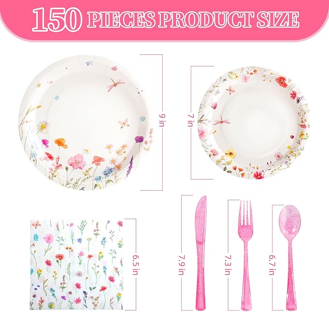 Wildflower Party Decorations,Floral Baby Shower Birthday Tableware Decorations, Wildflower Plates and Napkins for Summer Picnic Wedding Tea Party,Serve 25 Guests