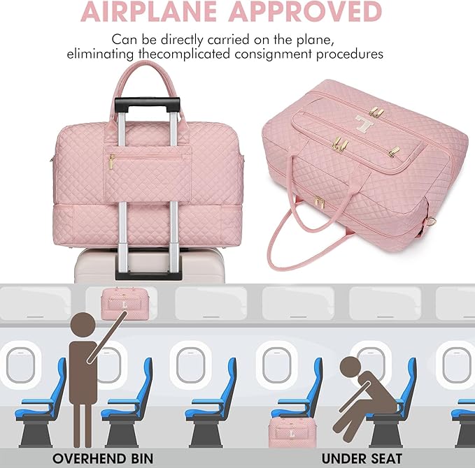 Initial Travel Duffle Bag for Women - Pink Personalized Weekender bags Overnight Bag with Shoe Compartment & Wet Pocket Weekend Tote Bags with Toiletry Bag Monogram Christmas Gifts (Letter L)