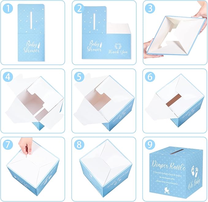 Funrous 51 Diaper Raffle Tickets with Box for Baby Shower Game Invitations Diaper Raffle Card for Gender Reveal Baby Shower Party Decoration Table Centerpiece(Lake Blue)