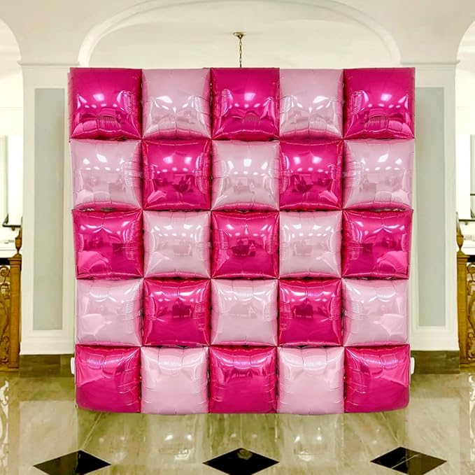 Hot Magenta Pink Square Foil Balloons Wall Backdrop Double Sided Metallic Balloon Tunnel Arch Garland Kit For Anniversary Bachelorette Birthday Engagement Bridal Baby Shower Party Decorations