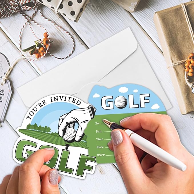 REWIDPARTY Golf Party Invitations with Envelopes & Stickers - Set of 15 Golf Game Shaped Fill-in Invitations for Birthday or Retirement Parties for Teens & Adults